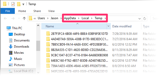 Folder containing temporary files and folders
