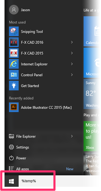 Searching for %temp% in the Windows Start menu