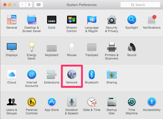 Apple System Preferences dialog box, Network option