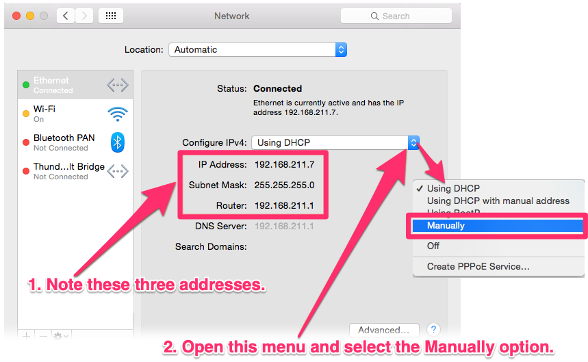 Network dialog box showing IP Address, Subnet Mask, and Router