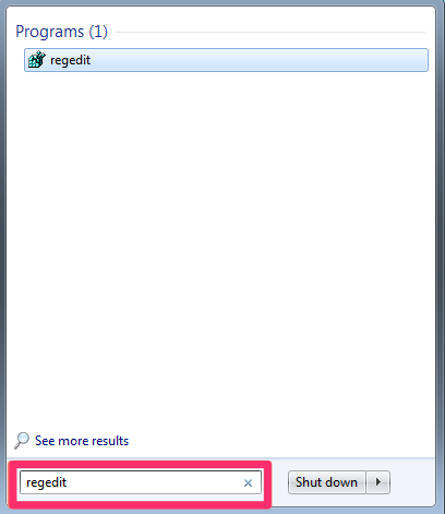 Searching for Regedit in the Windows Start menu