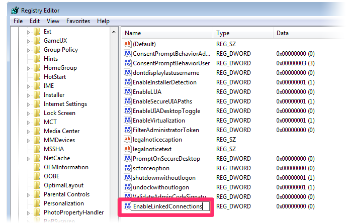 Giving the name EnableLinkedConnections to a new value in the Registry Editor
