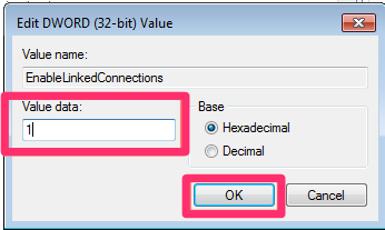 Enter a value of 1 for the EnableLinkedConnections value