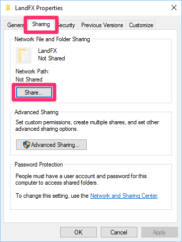 Properties dialog box, Sharing tab, Share button