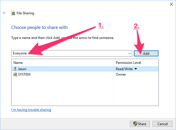 File Sharing dialog box, granting user permission