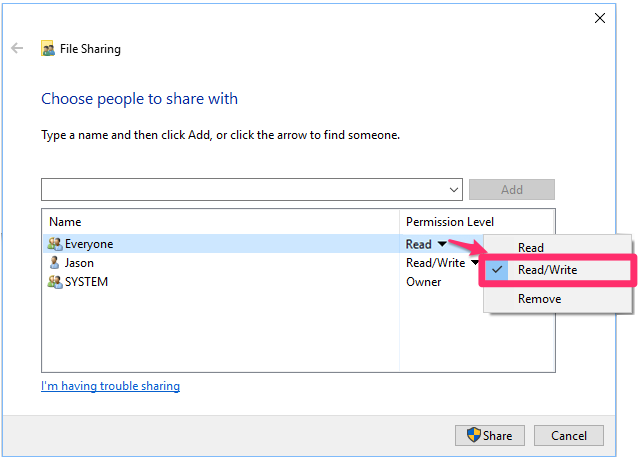 File Sharing dialog box, granting Read/Write permissions