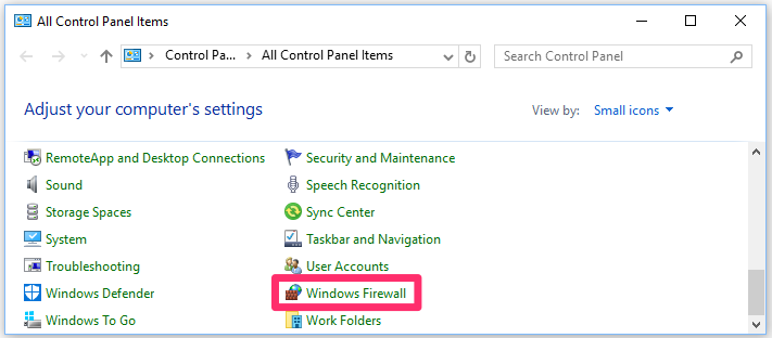 Control Panel, Windows Firewall option