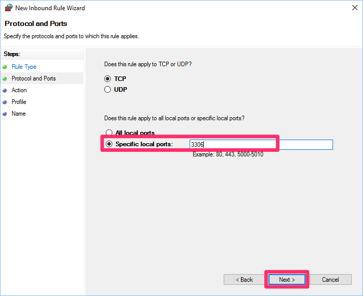 New Inbound Rule Wizard, Protocol and Ports screen, Specific Local Ports option, typing 3306 in the text field
