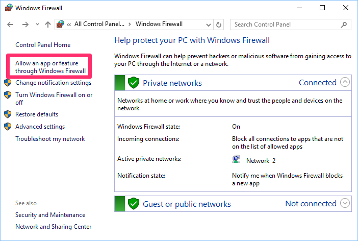Windows Firewall dialog box, Allow an app or feature through Windows Firewall option