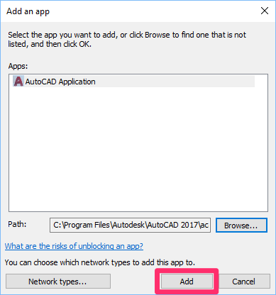 AutoCAD Application entry now included in list of apps in Add an app dialog box