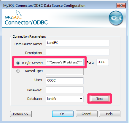 ODBC Control Panel, TCP/IP Server field and Test button