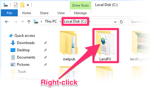 Right-clicking LandFX folder on C drive