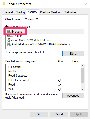 Everyone option included in Properties dialog box