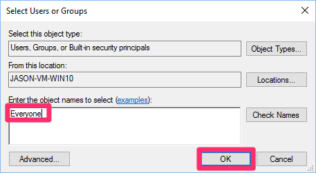 Select User or Groups dialog box, adding Everyone to the text field