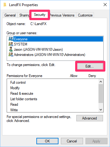 Properties dialog box, Security tab, Edit button
