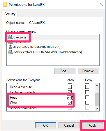 Permissions dialog box