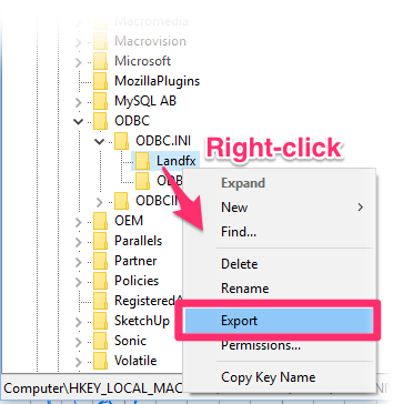 Right-clicking the Reg Key folder and selecting Export from the menu