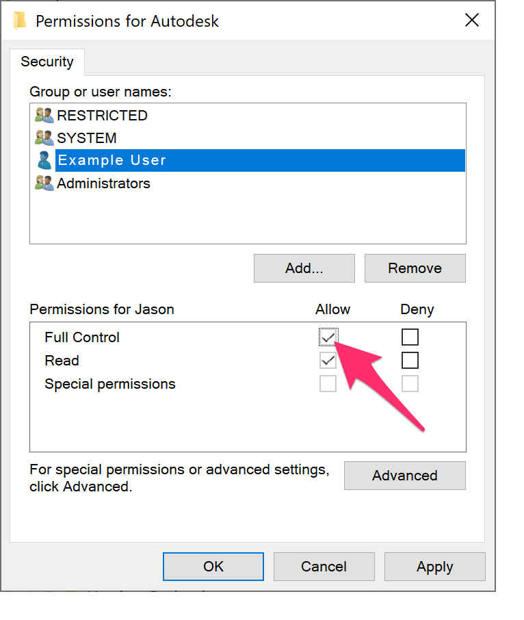 Select user to change permissions, select permission type, then click Apply