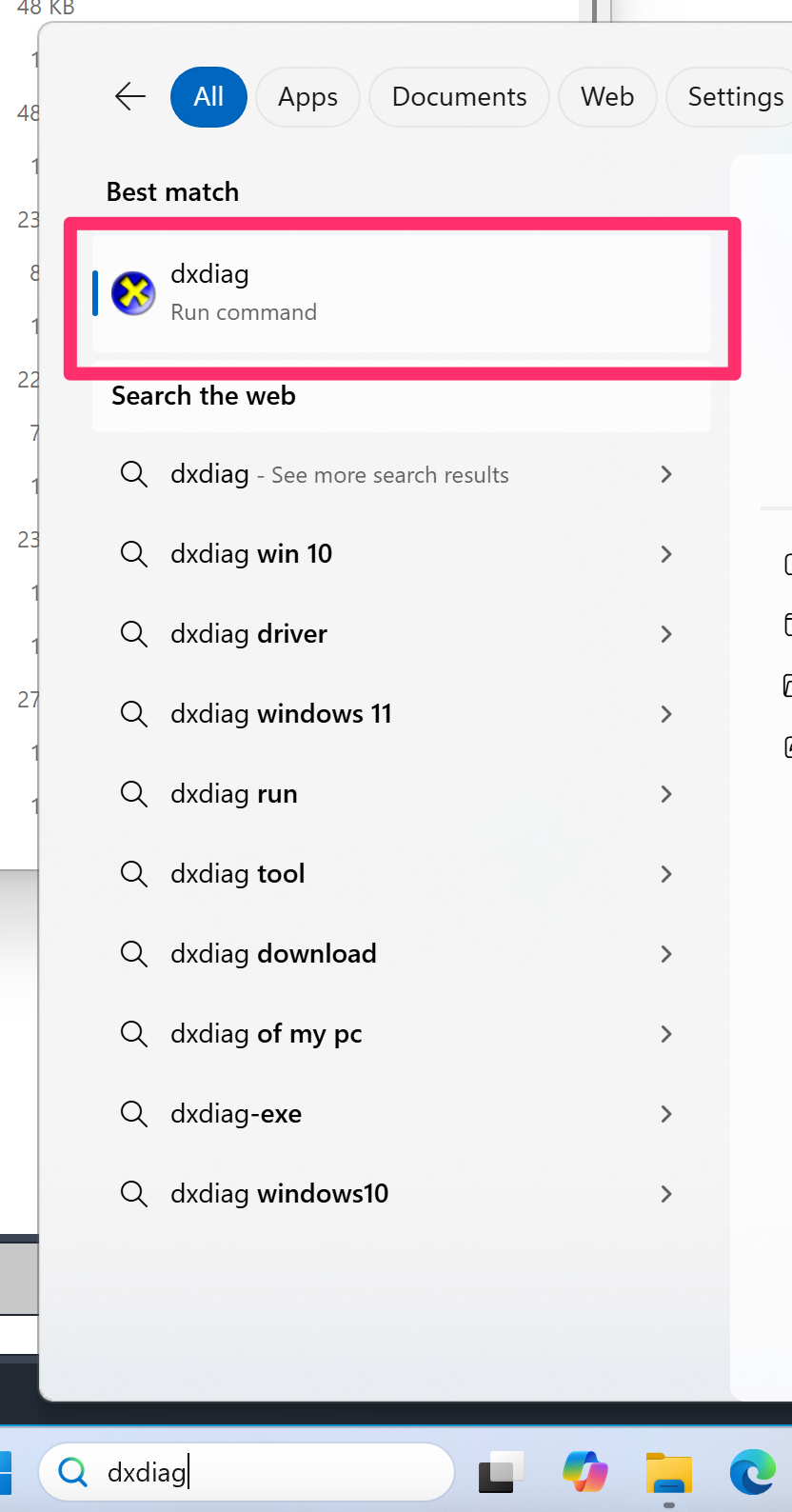 Windows Start menu, dxdiag.exe option