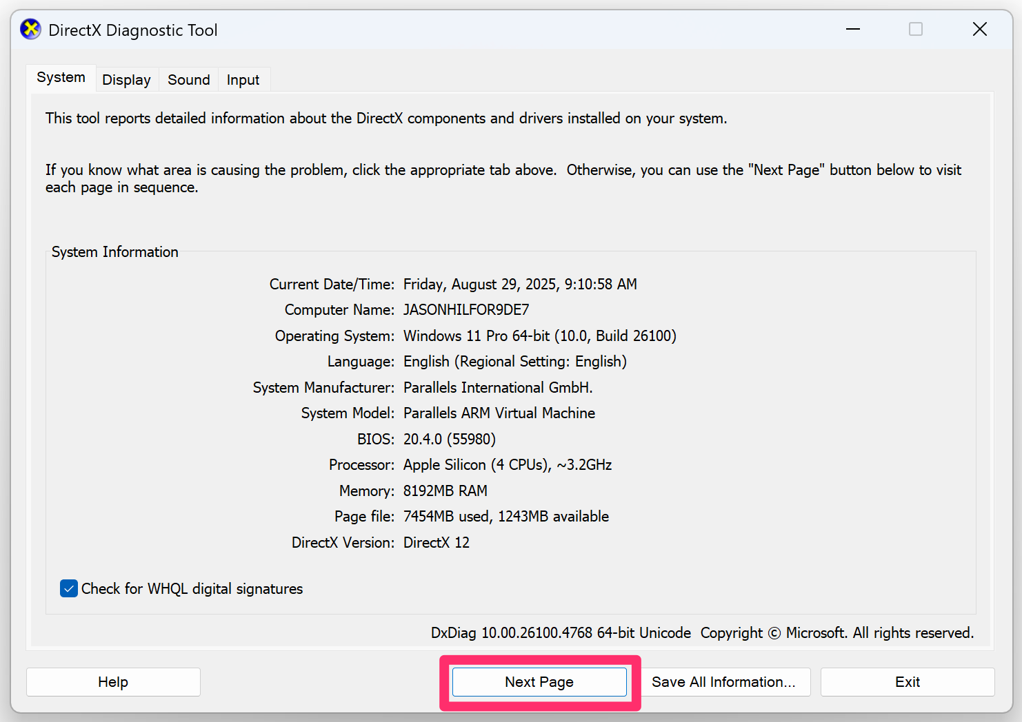 DirectX Diagnostic Tool, Next button