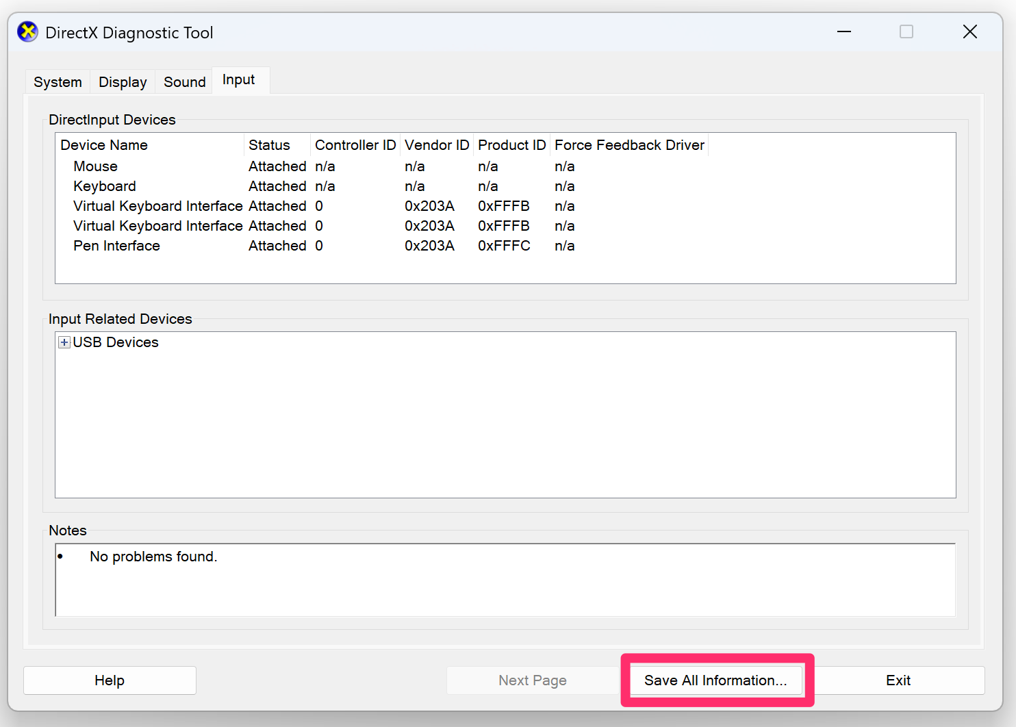 DirectX Diagnostic Tool, Input tab, Save All Information option