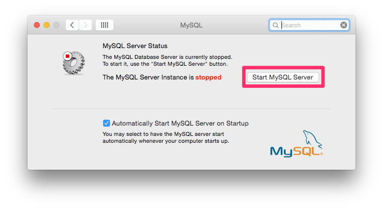 MySQL dialog box, Start MySQL Server button