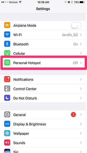 Finding the Personal Hotspot in phone settings