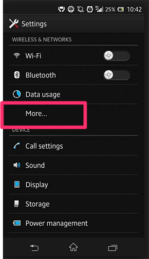 Android settings, Wireless and Networks section, More option