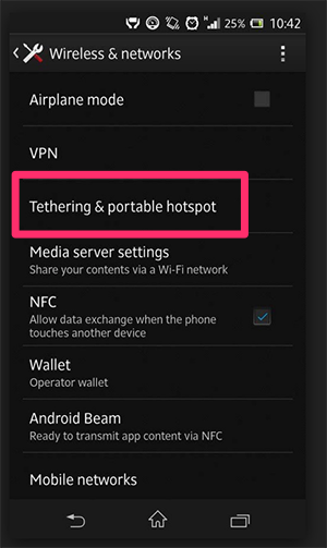 Android settings, More options, Tethering and personal hotspot option