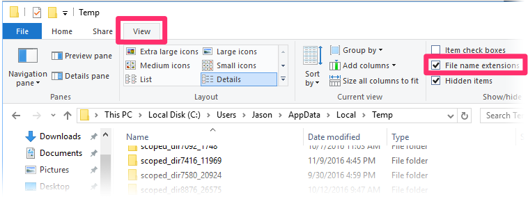 Windows File Explorer, View tab, File name extensions option selected