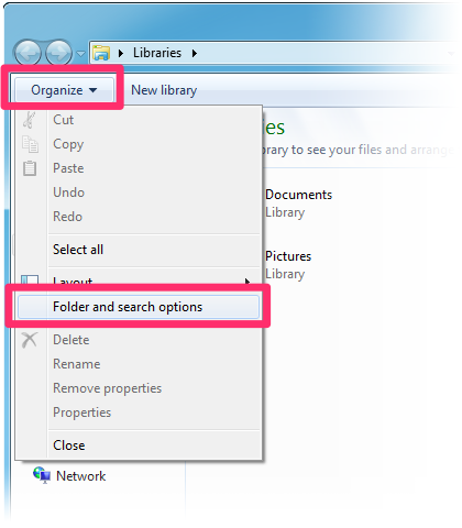 Windows File Explorer, Organize menu, Folder and search options selected