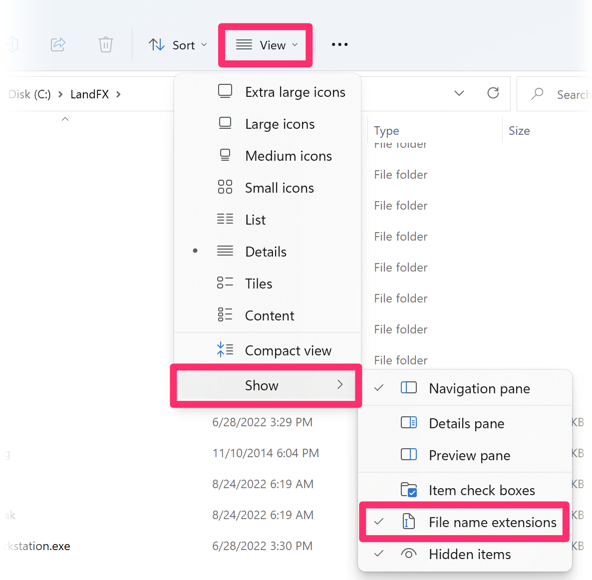 Windows File Explorer, View tab, Show menu option, File name extensions suboption selected