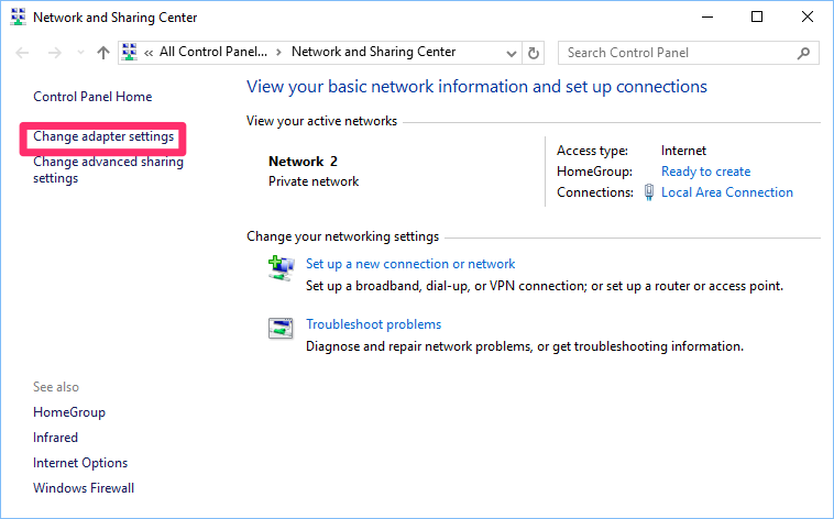 Network and Sharing Center, Change adapter settings option