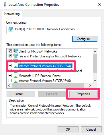 Select Internet Protocol Version 4 (TCP/UPv4) option and Properties menu option