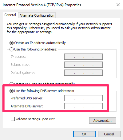 Properties dialog box, Use the following DNS server addresses option and filling out the Preferred DNS server and Alternate DNS Server options