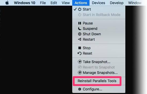 Actions menu, Reinstall Parallels Tools option