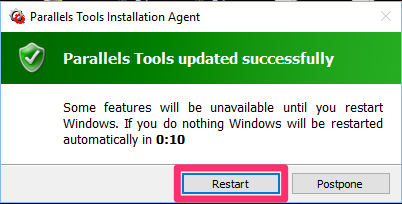 Parallels Tools updated successfully message, Restart button