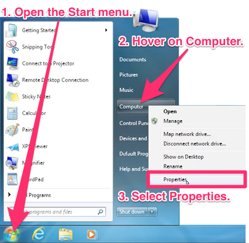 Windows Start menu, Computer option, Properties menu option