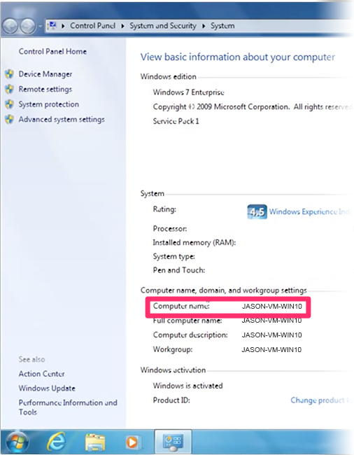 System dialog box, Computer name, domain, and workgroup settings heading section showing computer name