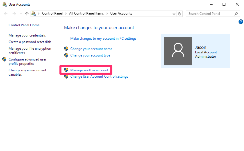 User Accounts dialog box, Manage another account option