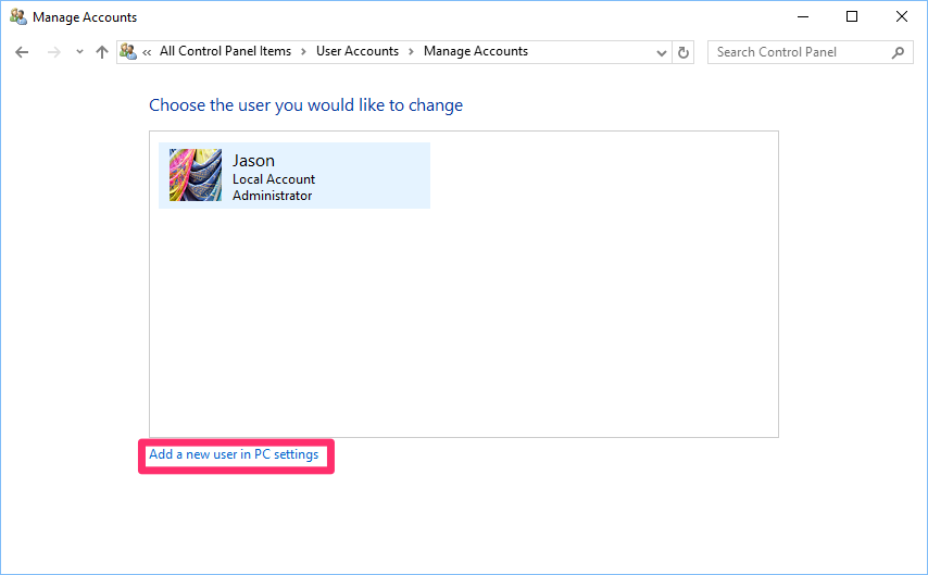 Manage Accounts dialog box, Add a new user in PC settings option