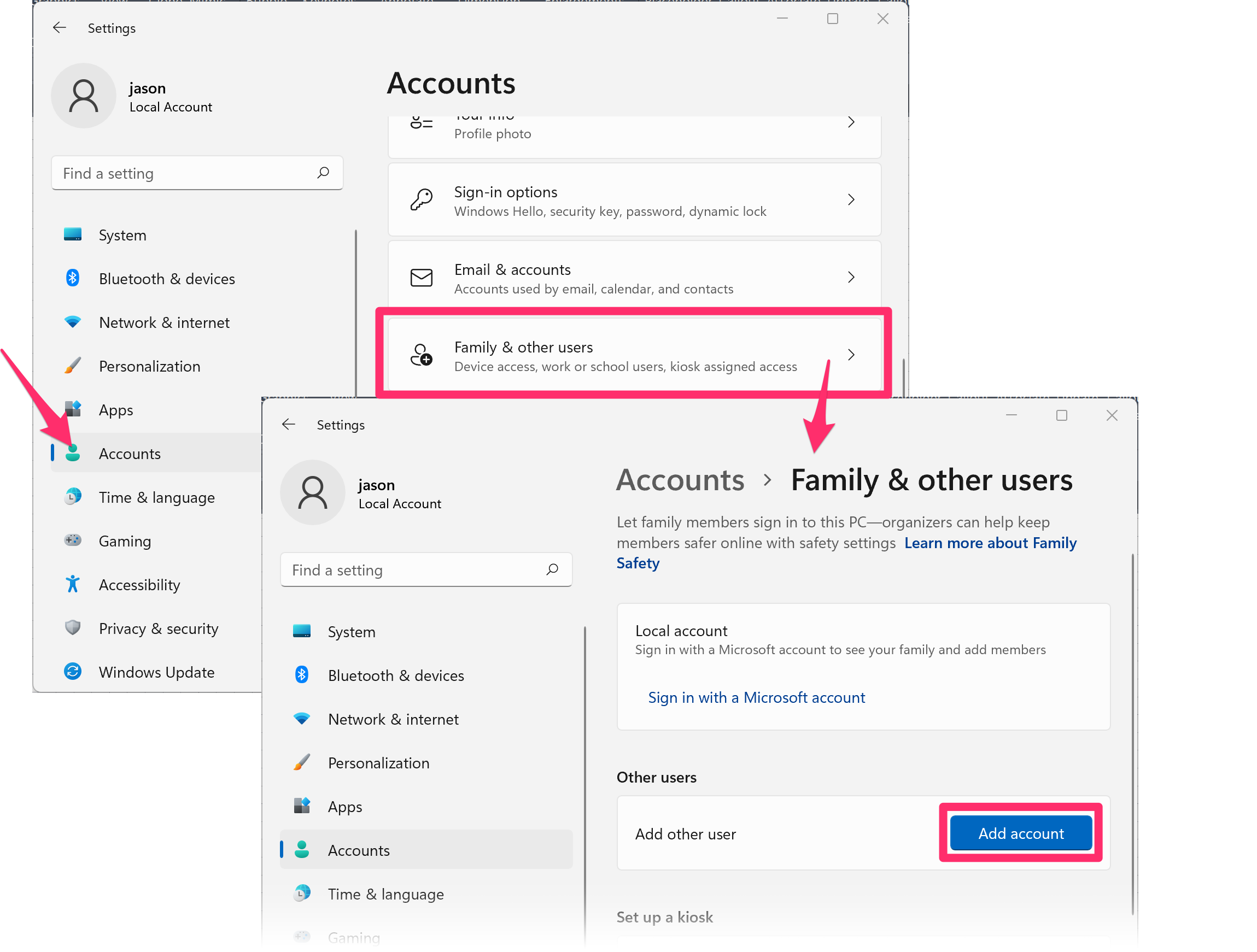 Windows Settings, Accounts tab, Family & other users option, Add account button
