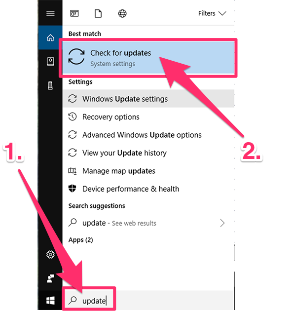 Windows Start menu, Check for Updates option
