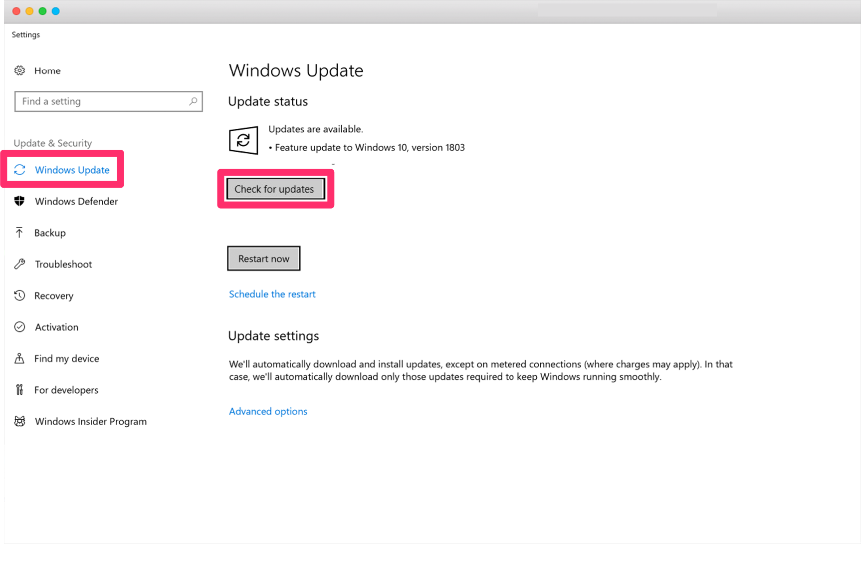 Windows Update dialog box, Windows Update option