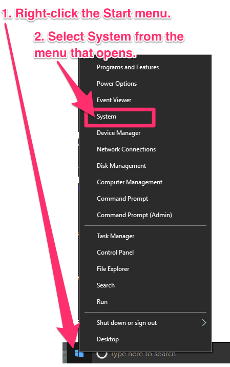 Windows Start menu, System option