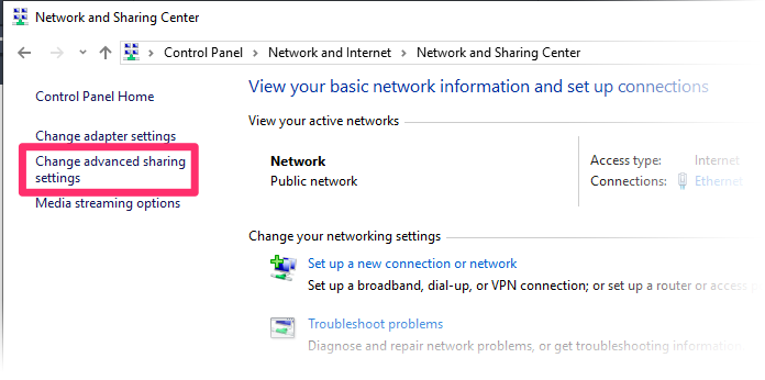 Network and Sharing Center, Change advanced sharing settings option