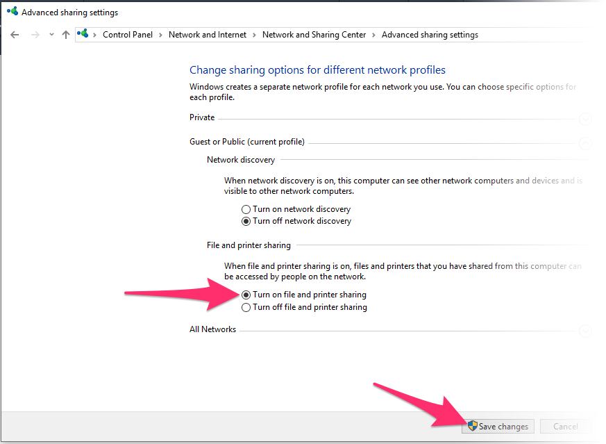 Advanced Sharing Settings screen, Turn on file and printer sharing option, Save changes button
