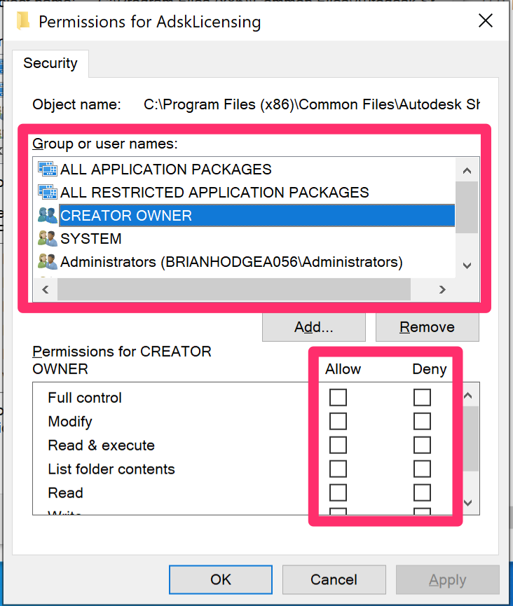 Permissions dialog box, overview