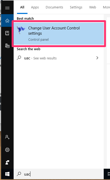 Windows Start menu, Change User Account Control settings option