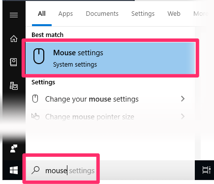 Windows Start menu, Mouse settings option